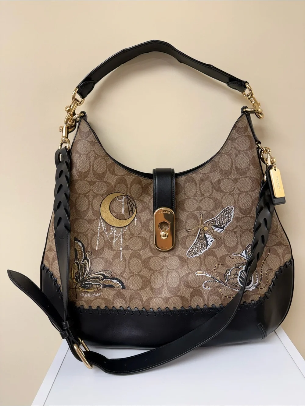 Coach Chelsea Champlain Amber Hobo Shoulder Bag Signature C & Black Leather Trim